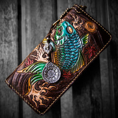 Handmade Leather Tooled Carp Mens Chain Biker Wallet Cool Leather Wallet Long Phone Wallets for Men