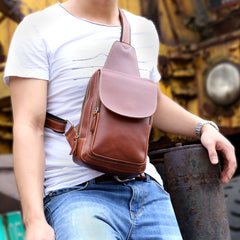 Genuine Leather Mens Cool Chest Bag Sling Bag Crossbody Bag Travel Bag Hiking Bag for men