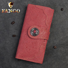 Handmade Leather Floral Mens Cool Travel Long Wallet Card Holder Card Slim Clutch Wallets for Men