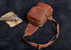Genuine Leather Mens Cool Chest Bag Sling Bag Crossbody Bag Travel Bag Hiking Bag for men