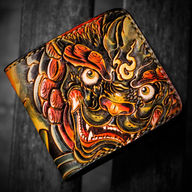 Handmade Leather Chinese Lion Tooled Mens billfold Wallet Cool Leather Wallet Slim Wallet for Men