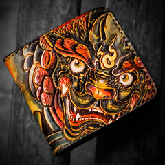 Handmade Leather Chinese Lion Tooled Mens billfold Wallet Cool Leather Wallet Slim Wallet for Men
