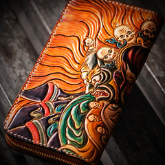 Handmade Leather Tooled Mahākāla Mens Zipper Wallet Cool Leather Wristlet Wallet for Men