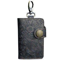 Handmade Leather Floral Mens Cool Key Wallet Wallet Card Holder Small Card Keychain Wallets for Men