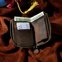 Handmade Leather Mens Cool Zipper Leather Wallet Card Wallet Men Small Wallets Bifold for Men