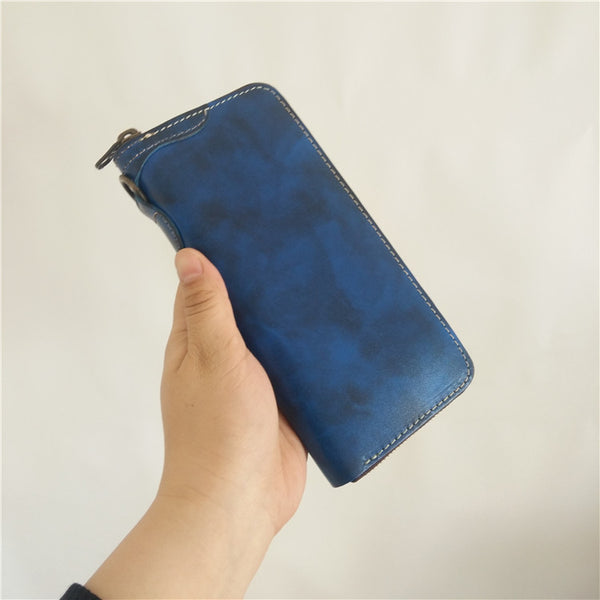 [On Sale] Handmade Mens Long Biker Wallets with Chain Cool Zipper Leather Biker Chain Wallet - iwalletsmen