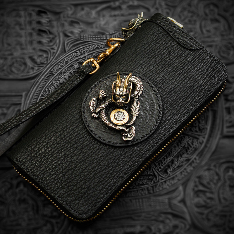Handmade Leather Black Sharkskin Chain Wallet Mens Biker Wallet Cool Leather Wallet Long Phone Wallets for Men