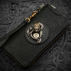 Handmade Leather Black Sharkskin Chain Wallet Mens Biker Wallet Cool Leather Wallet Long Phone Wallets for Men