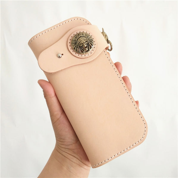 Handmade Mens Leather Biker Chain Wallets Cool Beige Long Biker Wallet with Chain - iwalletsmen