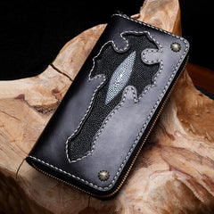 Handmade Leather Cross Mens Biker Wallet Cool Leather Wallet Long Phone Wallets for Men
