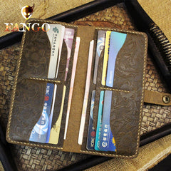 Handmade Leather Floral Mens Cool Travel Long Wallet Card Holder Card Slim Clutch Wallets for Men