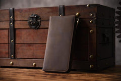 Handmade Leather Mens Cool Long Leather Wallet Zipper Clutch Wallet for Men