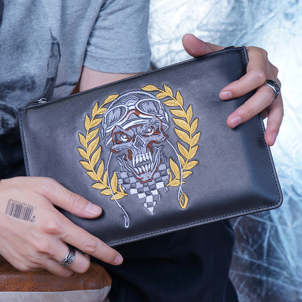 Handmade Leather Mens Clutch Skull Cool Slim Wallet Zipper Clutch Wristlet Wallet for Men - iwalletsmen