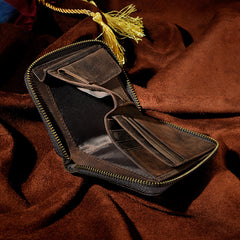 Handmade Leather Mens Cool Zipper Leather Wallet Card Wallet Men Small Wallets Bifold for Men