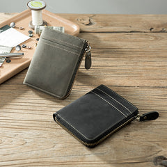 Handmade Leather Mens Cool Slim Leather Zipper Wallet Men Small Wallets Bifold for Men