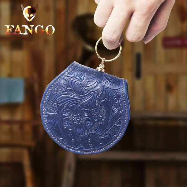 Handmade Leather Floral Round Mens Cool Slim Change Wallet Coin Wallet Pouch for Men