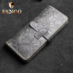 Handmade Leather Floral Mens Cool Travel Long Wallet Card Holder Card Slim Clutch Wallets for Men