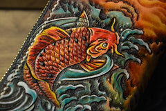 Handmade Leather Carp Mens Chain Biker Wallet Cool Leather Wallet Long Phone Wallets for Men
