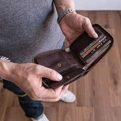 Genuine Leather Mens Cool billfold Leather Wallet Men Small Zipper Wallets Bifold for Men - iwalletsmen