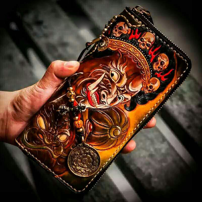 Handmade Leather Mahākāla Mens Chain Biker Wallet Cool Leather Wallet With Chain Wallets for Men
