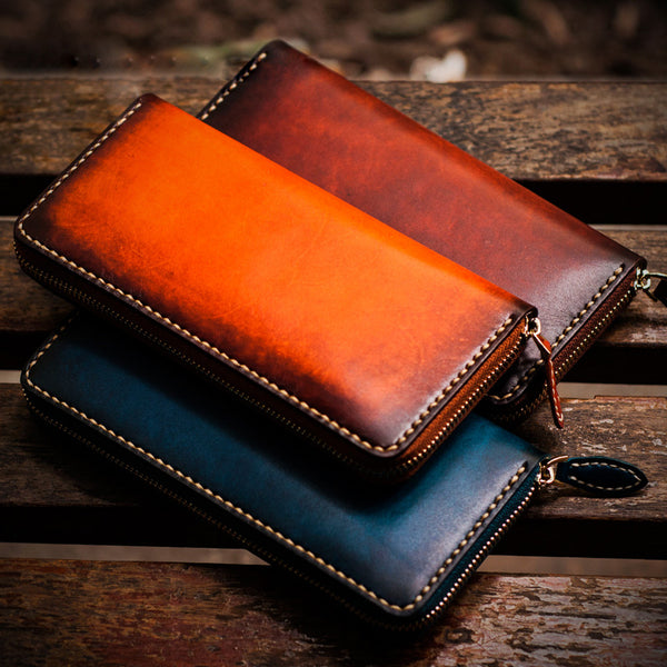 Handmade Leather Mens Cool Long Leather Wallet Zipper Clutch Wallet for Men