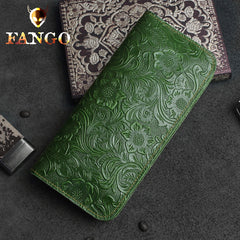 Handmade Leather Floral Mens Cool Travel Long Wallet Card Holder Card Slim Clutch Wallets for Men