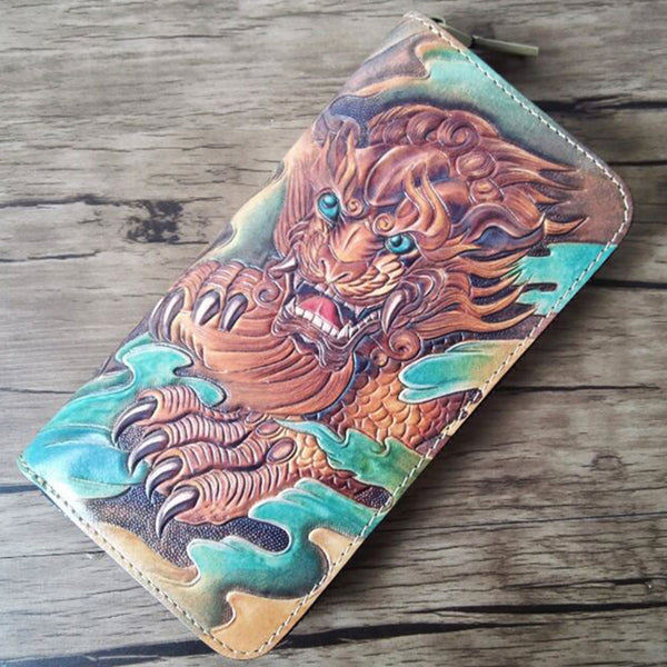 Handmade Leather Chinese Lion Tooled Mens Long Wallet Cool Leather Wallet Clutch Wallet for Men