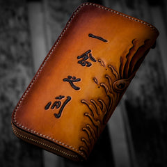 Handmade Leather Mens Clutch Wallet Cool Buddha&Demon Tooled Wallet Long Zipper Wallets for Men