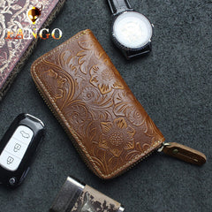 Handmade Leather Floral Mens Cool Car Key Wallet Coin Wallet Pouch Car KeyChain for Men