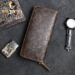 Handmade Leather Floral Mens Cool Travel Long Wallet Card Holder Card Slim Clutch Wallets for Men