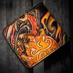 Handmade Leather Chinese Lion Tooled Mens billfold Wallet Cool Leather Wallet Slim Wallet for Men