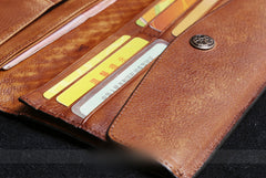 Handmade Leather Mens Cool Long Leather Wallet Card Wallet Clutch Wristlet Wallet for Men
