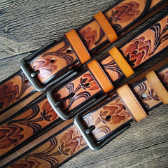 Handmade Genuine Leather Tooled Garden Tulip Mens Leather Men Belt for Men Cool Leather Belt