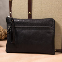 Leather Mens Clutch Wristlet Bag Black Shoulder Bag Zipper Clutch for Men