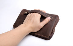 Genuine Leather Mens Cool Long Leather Wallet Zipper Clutch Wristlet Wallet for Men