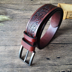 Handmade Genuine Leather Tooled Floral Mens Leather Men Belt for Men Cool Leather Belt