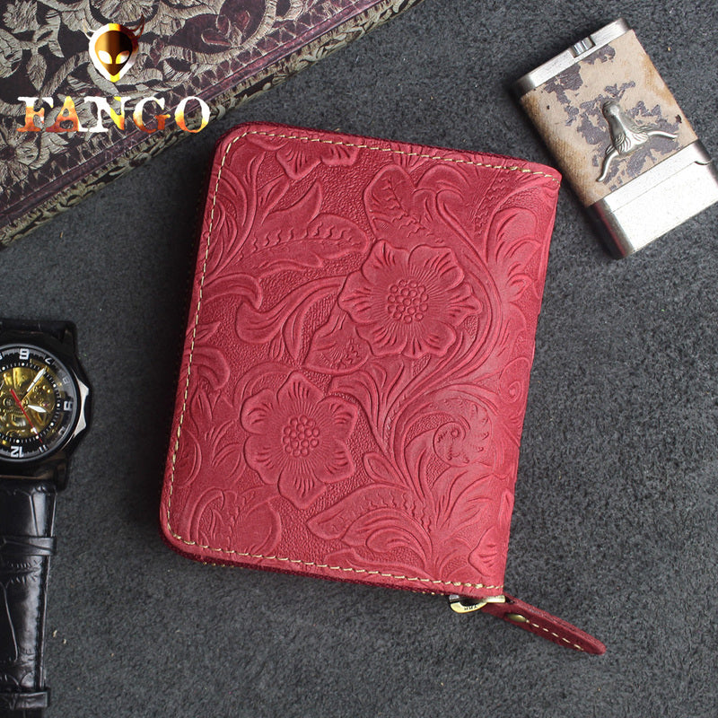 Handmade Leather Floral Mens Zipper Cool billfold Wallet Card Holder Small Card Slim Wallets for Men