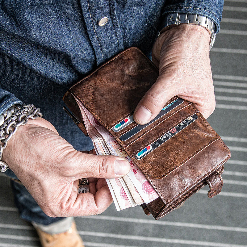 Genuine Leather Mens Cool billfold Leather Wallet Men Cards Wallets Bifold for Men