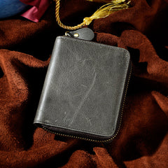 Handmade Leather Mens Cool Zipper Leather Wallet Card Wallet Men Small Wallets Bifold for Men