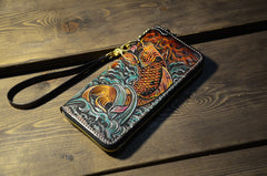 Handmade Leather Carp Mens Chain Biker Wallet Cool Leather Wallet Long Phone Wallets for Men