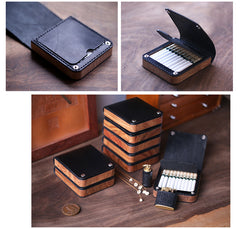 Handmade Wooden Black Leather Mens 20pcs Cigarette Case Cool Custom Cigarette Holder for Men - iwalletsmen