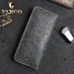 Handmade Leather Floral Mens Cool Travel Long Wallet Card Holder Card Slim Clutch Wallets for Men