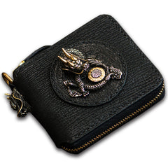 Handmade Leather Tooled Mens billfold Wallet Chinese Dragon Cool Chain Wallet Biker Wallet for Men