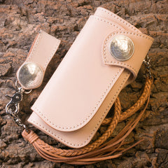 Handmade Mens Cool Beige Leather Chain Wallet Biker Trucker Wallet with Chain