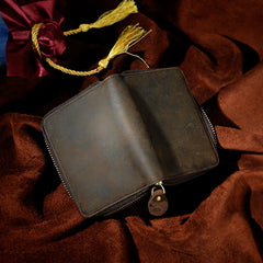 Handmade Leather Mens Cool Zipper Leather Wallet Card Wallet Men Small Wallets Bifold for Men