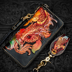 Handmade Leather Tooled Carp Mens Chain Biker Wallet Cool Leather Wallet Long Phone Wallets for Men