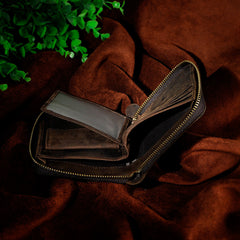 Handmade Leather Mens Cool Zipper Leather Wallet Card Wallet Men Small Wallets Bifold for Men