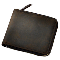 Handmade Leather Mens Cool Zipper Leather Wallet Card Wallet Men Small Wallets Bifold for Men