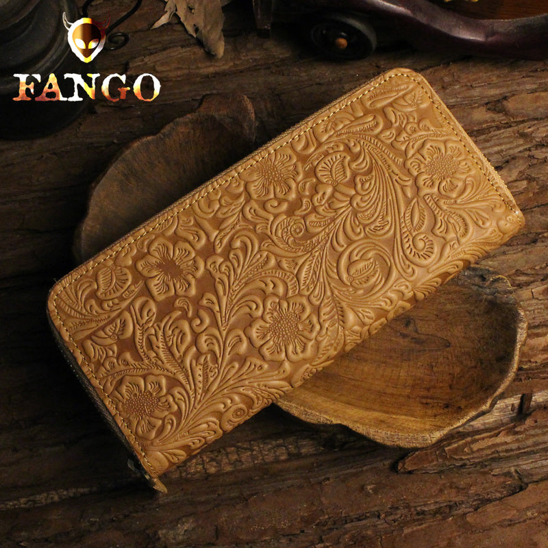 Handmade Leather Floral Floral Mens Cool Zipper Phone Travel Long Wallet Card Holder Card Slim Clutch Wallets for Men
