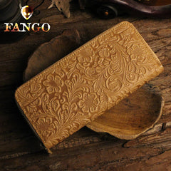 Handmade Leather Floral Floral Mens Cool Zipper Phone Travel Long Wallet Card Holder Card Slim Clutch Wallets for Men